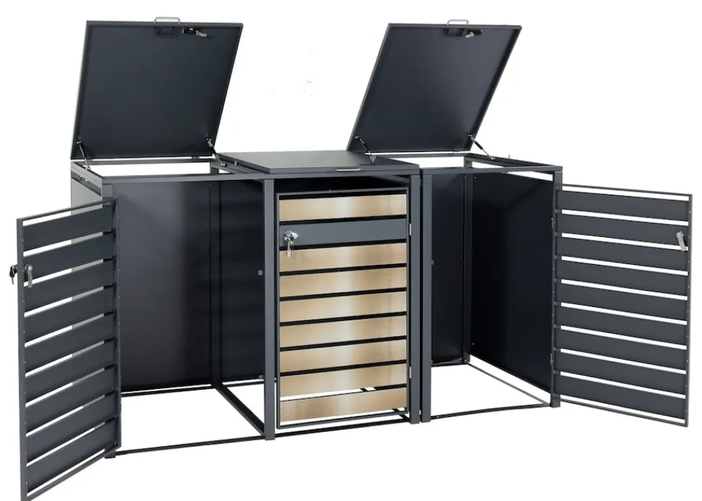 MCW 3er Mülltonnenverkleidung -J81, Mülltonnenbox, erweiterbar, Metall 82kg, anthrazit ~ gold Discount