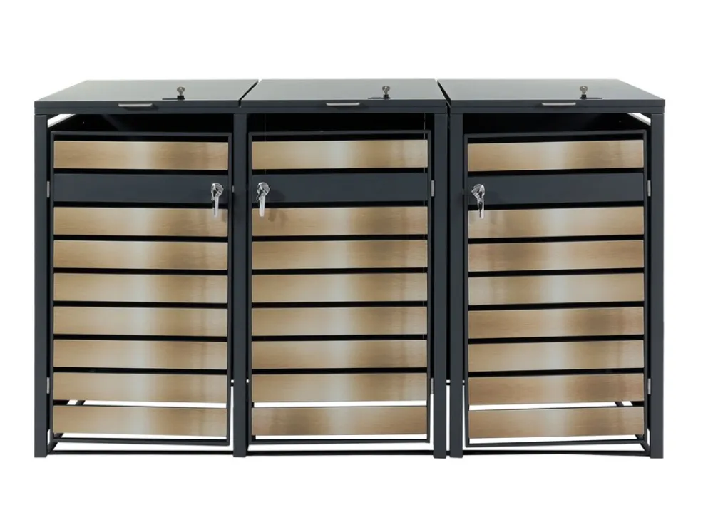 MCW 3er Mülltonnenverkleidung -J81, Mülltonnenbox, erweiterbar, Metall 82kg, anthrazit ~ gold Discount