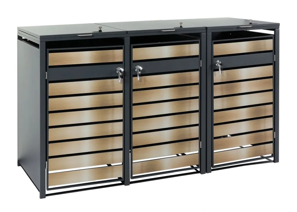 MCW 3er Mülltonnenverkleidung -J81, Mülltonnenbox, erweiterbar, Metall 82kg, anthrazit ~ gold Discount