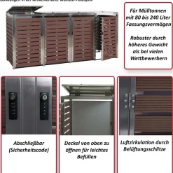 MCW 4er Mülltonnenverkleidung -K14, Mülltonnenbox, 120x264x85cm WPC Edelstahl 128kg ~ Walnuss-Holzoptik Clearance