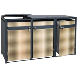 3er Mülltonnenverkleidung -J82, Mülltonnenbox, erweiterbar, Metall 80kg, anthrazit ~ gold ^ MCW