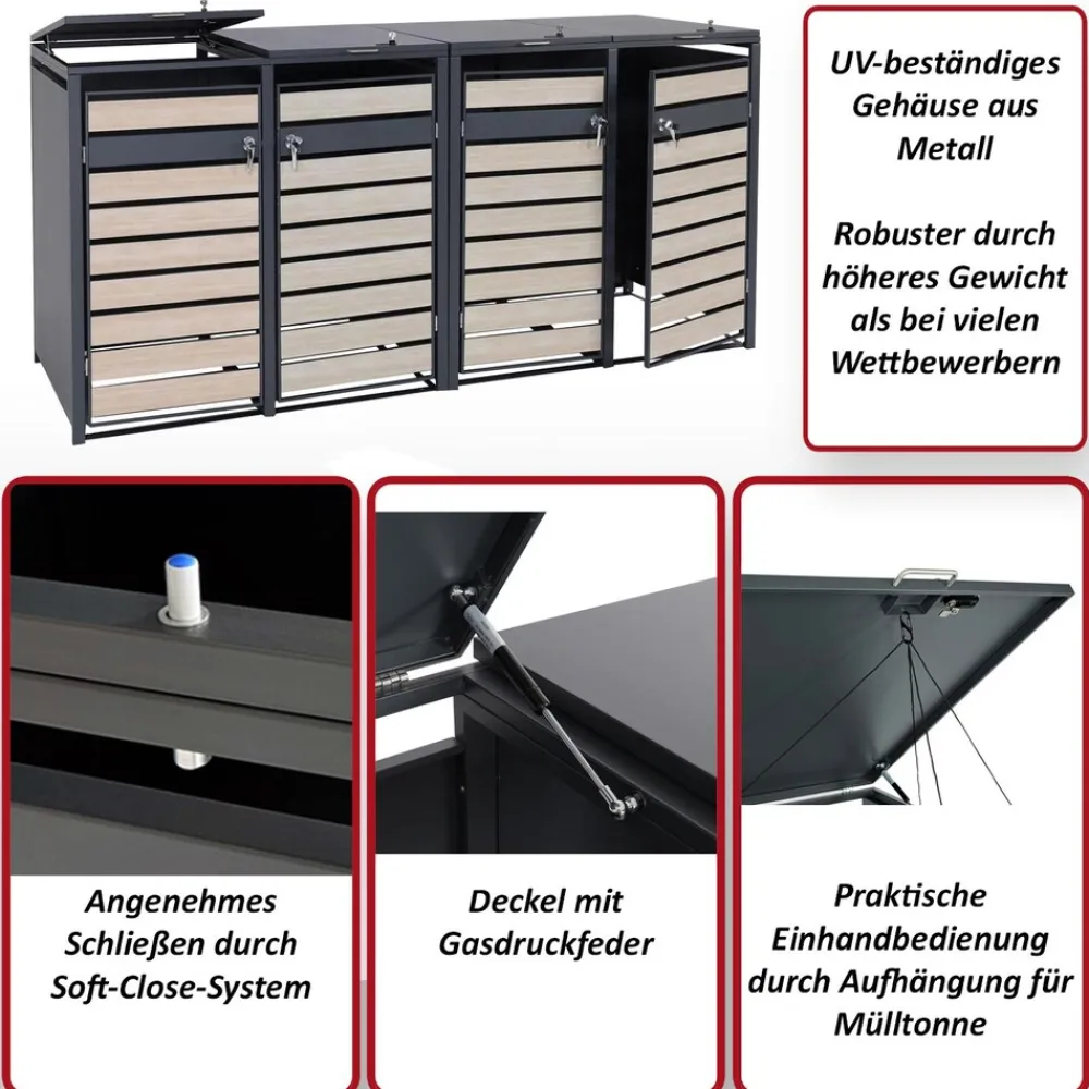 4er Mülltonnenverkleidung -J81, Mülltonnenbox, erweiterbar, Metall 100kg, anthrazit ~ gold ^ MCW Discount