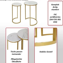 2er-Set Beistelltisch -K46, Kaffeetisch Nachttisch Loungetisch, Marmor-Optik MDF ~ schwarz-gold ^ MCW Clearance