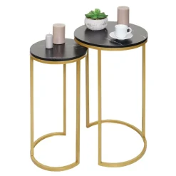 2er-Set Beistelltisch -K46, Kaffeetisch Nachttisch Loungetisch, Marmor-Optik MDF ~ schwarz-gold ^ MCW Clearance