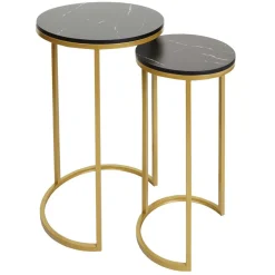 2er-Set Beistelltisch -K46, Kaffeetisch Nachttisch Loungetisch, Marmor-Optik MDF ~ schwarz-gold ^ MCW Clearance