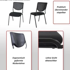 4er-Set Besucherstuhl H401, Konferenzstuhl stapelbar, Stoff/Textil ~ Sitz schwarz, Füße chrom ^ MCW Hot