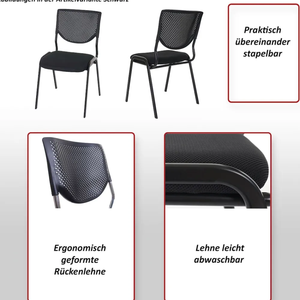 4er-Set Besucherstuhl H401, Konferenzstuhl stapelbar, Stoff/Textil ~ Sitz schwarz, Füße chrom ^ MCW Hot