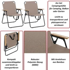 2er-Set Campingstuhl -Q43, Gartenstuhl Balkonstuhl Freizeitstuhl, klappbar Bambus Metall Stoff/Textil ~ schwarz ^ MCW Discount