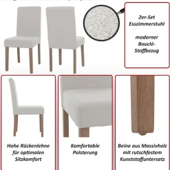 2er-Set Esszimmerstuhl Littau, Stuhl Küchenstuhl Hochlehner, Stoff/Textil Bouclé Holz ~ creme, naturfarbene Beine ^ MCW Best