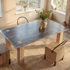 Esstisch -L76, Tisch Esszimmertisch, Industrial Massiv-Holz MVG-zertifiziert 240x100cm, natur mit Metall-Optik ^ MCW Hot