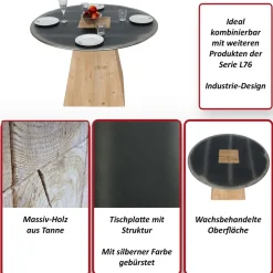MCW Esstisch -L76, Tisch Esszimmertisch, rund Industrial Massiv-Holz MVG-zertifiziert 74x120cm, natur mit Metall-Optik Hot