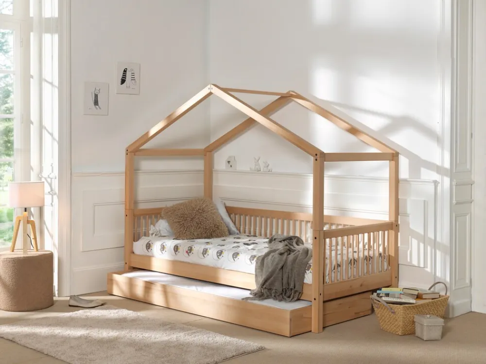 FAGUS Hausbett mit Liegefläche 90 x 200 cm, inkl. Lattenrost, Bettschublade, Ausf. Buche massiv natur ^ vipack Hot