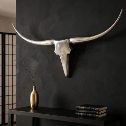 Finebuy Bull Geweih L Wanddekoration 125 cm breit Aluminium silber Wandgeweih Outlet