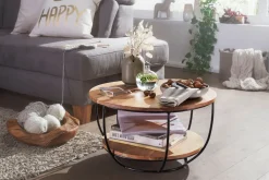 Couchtisch Akazie Massivholz rund 60cm Wohnzimmertisch Ablage Industrial ^ Finebuy Hot