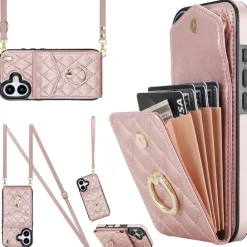 Für Apple iPhone 17 Crossbody Kunstleder Rhombic Hülle Rose Gold ^ Wigento Best