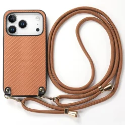 Für Apple iPhone 17 Pro Max Carbon Leder Hülle Umhängeband Braun ^ Wigento Outlet