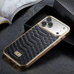 Für Apple iPhone 17 Pro Max Kunstleder Electroplating Hülle Schwarz ^ Wigento Discount