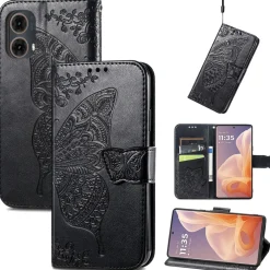 Wigento Für Motorola Moto G85 Kunstleder Schmetterling Wallet Hülle Schwarz Sale
