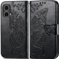 Wigento Für Motorola Moto G85 Kunstleder Schmetterling Wallet Hülle Schwarz Sale