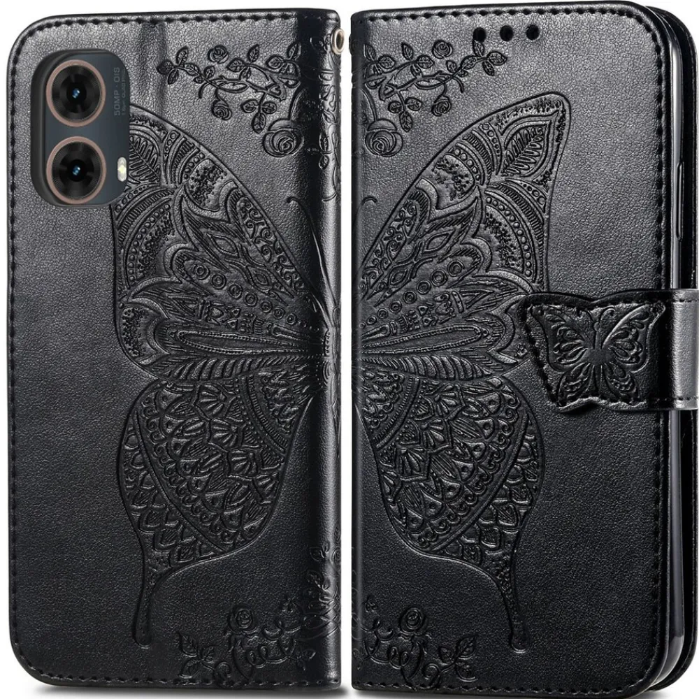 Wigento Für Motorola Moto G85 Kunstleder Schmetterling Wallet Hülle Schwarz Sale