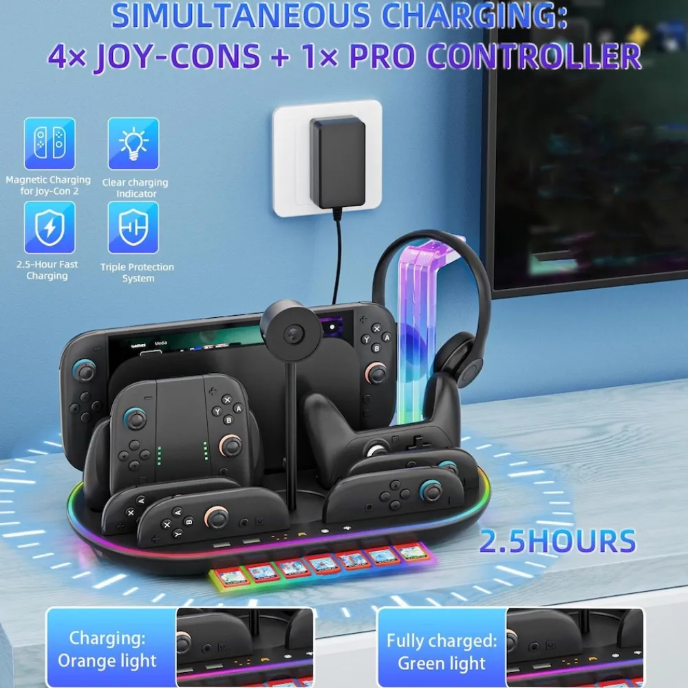 Für Nintendo Switch 2 RGB Licht Ladestation mit Kühlung Ablage Schwarz ^ Wigento Best