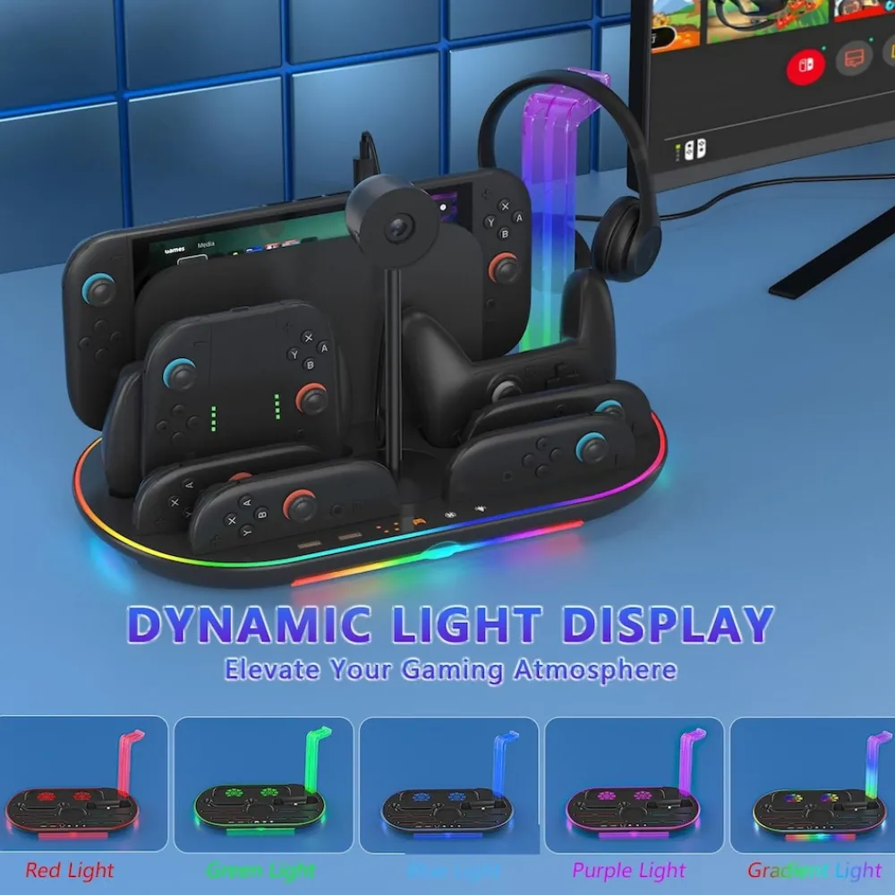 Für Nintendo Switch 2 RGB Licht Ladestation mit Kühlung Ablage Schwarz ^ Wigento Best