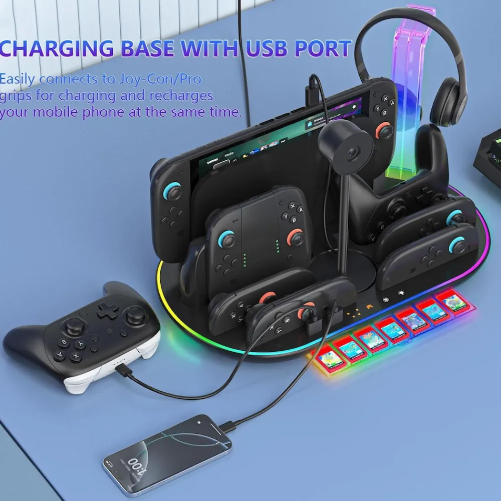 Für Nintendo Switch 2 RGB Licht Ladestation mit Kühlung Ablage Schwarz ^ Wigento Best