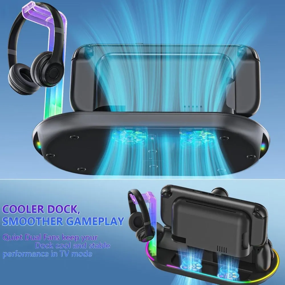 Für Nintendo Switch 2 RGB Licht Ladestation mit Kühlung Ablage Schwarz ^ Wigento Best