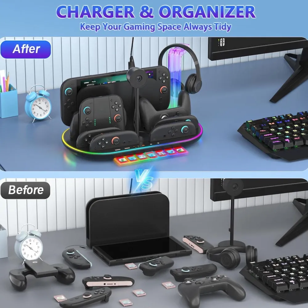 Für Nintendo Switch 2 RGB Licht Ladestation mit Kühlung Ablage Schwarz ^ Wigento Best