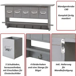 MCW Garderobe -C49, Wandgarderobe Wandregal, Vintage mit 5 Schubladen 32x65x13cm ~ natur Hot
