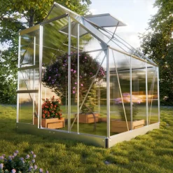 GARMIO ® Gewächshaus CUNEO 190x190cm für den Garten, Alu Frühbeet inklusive Fundament, 2 Dachfenster Treibhaus Aufzucht Sale