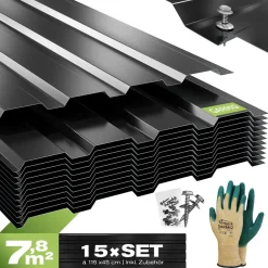 GARMIO ® Profilblech Trapezblech Amalfi 115 Set 15 Stück Dachblech 115x45 cm, verzinkter Stahl schwarz