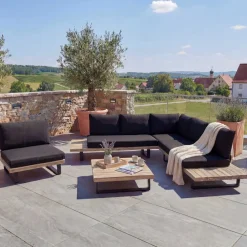 Garten-Garnitur mit Sessel -H54, Lounge-Set Sofa, Spun Poly Akazie Holz MVG Aluminium ~ hellbraun, Polster dunkelgrau ^ MCW