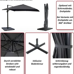 Gastronomie-Ampelschirm -A96, 3x4m (Ø5m) Polyester Alu/Stahl 26kg ~ anthrazit mit Ständer ^ MCW New
