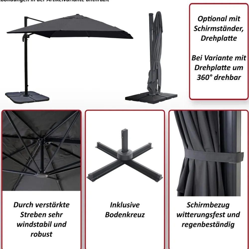 Gastronomie-Ampelschirm -A96, 3x4m (Ø5m) Polyester Alu/Stahl 26kg ~ anthrazit mit Ständer ^ MCW New