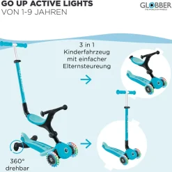 Globber GO-UP ACTIVE LIGHTS 360 – 3 in 1 Aufsitzrad, Laufrad und Scooter, 120/80 mm, 3-rädrig, höhenverstellbar, blau Clearance