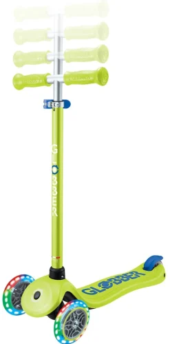 PRIMO PLUS LIGHTS – Tretroller Kinder, 120/80mm, ABEC 9, 3-rädrig, höhenverstellbar, LED-Leuchtrollen, lime grün ^ Globber