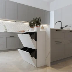 Mehrzweckschrank Mülltrenner platzsparend Mülltrennsystem mit 4 entnehmbaren Inneneimern aus MDF Weiß 60x24x80 cm HEI02-WEI ^ Happy Home Clearance