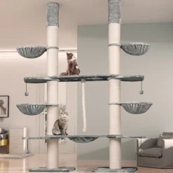 Happypet XXL Kratzbaum-Landschaft für große Katzen - 2-in-1 Aktivitäts- und Sisal-Paradies mit Deckenspanner 280cm hoch | Premium Plüsch | Grau Clearance