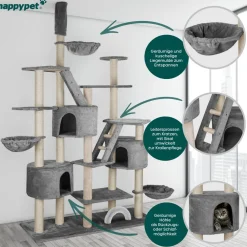 Happypet XXL Kratzbaum Simba deckenhoch 260 cm - Kletterbaum Paradies, Extra Breit, Höhlen, Liegemulden, Großer Katzenbaum Stabil für Katzen, 9 cm Säulen, viel Zubehör | Grau Beige Outlet
