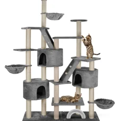 Happypet XXL Kratzbaum Simba deckenhoch 260 cm - Kletterbaum Paradies, Extra Breit, Höhlen, Liegemulden, Großer Katzenbaum Stabil für Katzen, 9 cm Säulen, viel Zubehör | Grau Beige Outlet