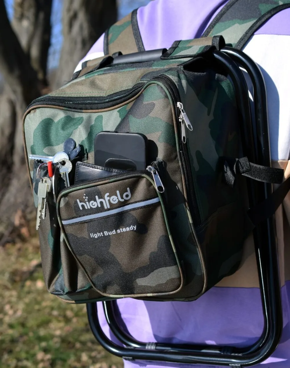 Highfeld ® Sitzrucksack Ansitzrucksack mit Hocker camouflage Campinghocker Angelhocker Falthocker Hot