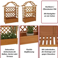 Hochbeet -P66, Pflanz-/Blumenkasten Pflanzkübel Rankgitter Rankhilfe Spalier Holz MVG 138x110x44cm ~ braun ^ MCW Outlet