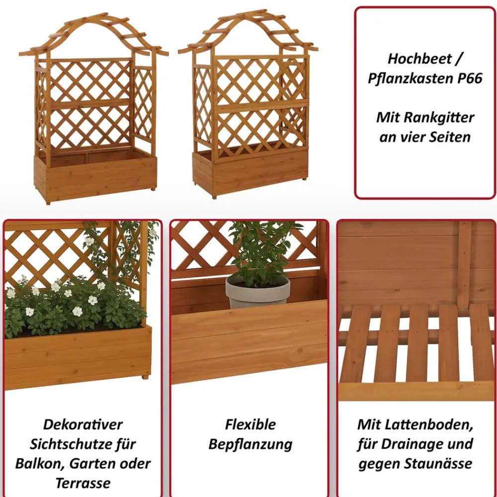 Hochbeet -P66, Pflanz-/Blumenkasten Pflanzkübel Rankgitter Rankhilfe Spalier Holz MVG 138x110x44cm ~ braun ^ MCW Outlet