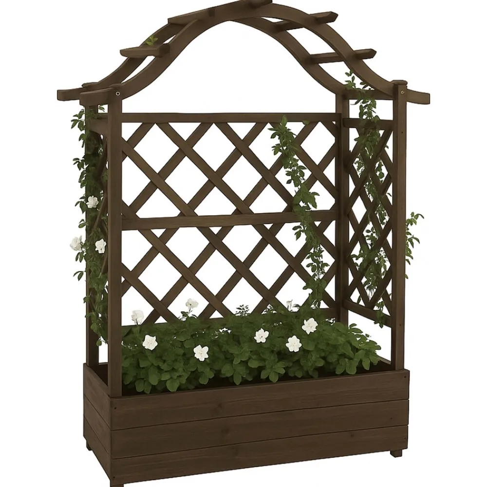 Hochbeet -P66, Pflanz-/Blumenkasten Pflanzkübel Rankgitter Rankhilfe Spalier Holz MVG 138x110x44cm ~ braun ^ MCW Outlet