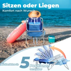 HOMECALL Klappstuhl Strandstuhl Leicht 5-fach verstellbare Rückenlehne, bis 136KG, Aluminiumrahmen, eine große isolierte Kühltasche, Aufbewahrungstasche, 1 St- Blaue Welle Klassisch Gestreift Clearance