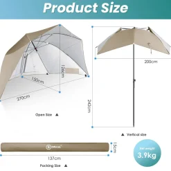 Strandmuschel mit umbrella system, UV-resistentes 50+ Umfunktionieren, für 2-3 Personen, Khaki ^ HOMECALL New