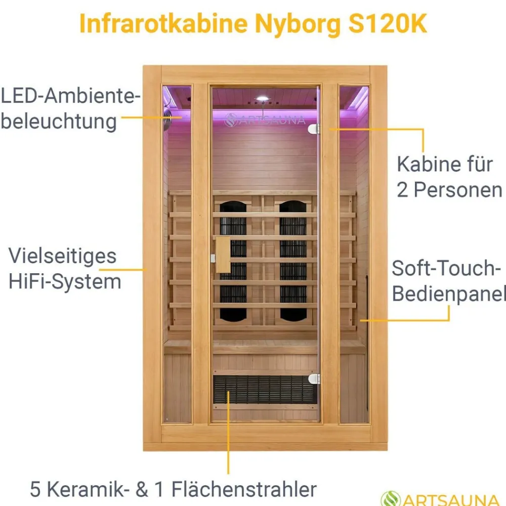 Artsauna Infrarotkabine Nyborg S120K – Infrarotsauna 2 Personen –LED-Farblicht, 5 Keramik- 1 Flächenstrahler Sale
