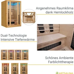 Artsauna Infrarotkabine Nyborg S120K – Infrarotsauna 2 Personen –LED-Farblicht, 5 Keramik- 1 Flächenstrahler Sale