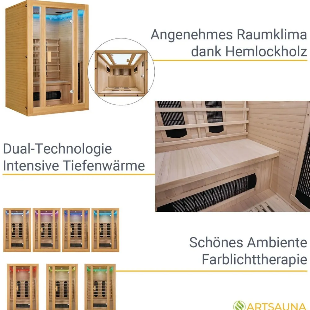 Artsauna Infrarotkabine Nyborg S120K – Infrarotsauna 2 Personen –LED-Farblicht, 5 Keramik- 1 Flächenstrahler Sale